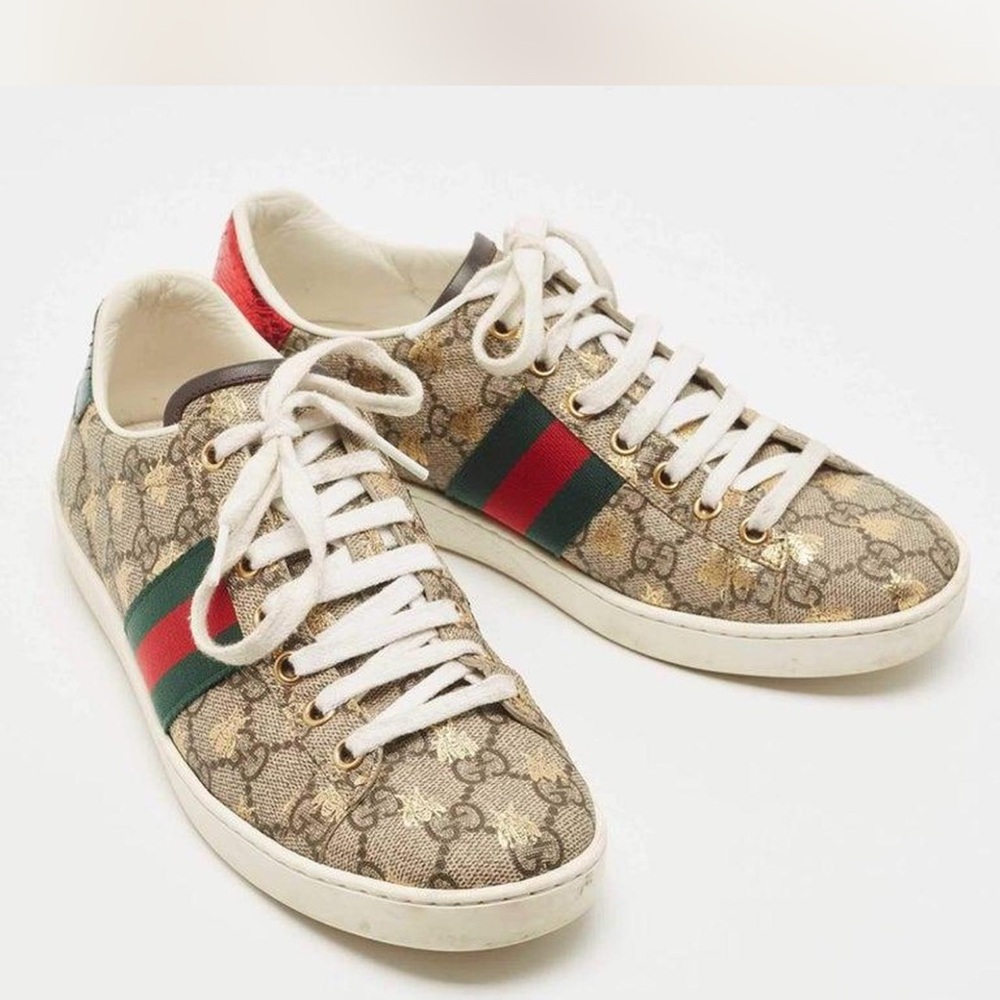 Gucci Beige Monogram Sneakers with Red and Green Accents
